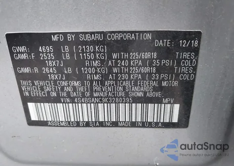 2019 Subaru Outback 2.5I Limited z USA, uszkodzony, nr VIN 4S4BSANC9K3280395